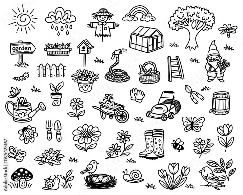 Hand drawn garden doodle set with gnome watering can wheelbarrow greenhouse flowers boots lawn mower tools and spring nature elements isolated on white background. Vector illustration
