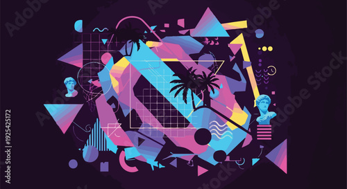 Vibrant geometric abstract vaporwave art featuring neon shapes, dynamic patterns, classical busts, and palm trees, creating a unique
