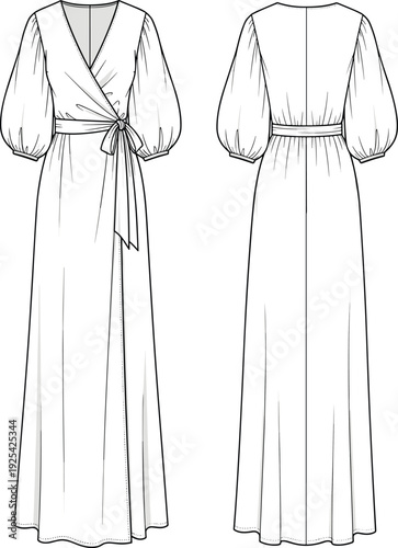 Long wrap dress illustration, voluminous sleeve design, V neckline, waist sash tie, floor length skirt, technical fashion garment construction sketch