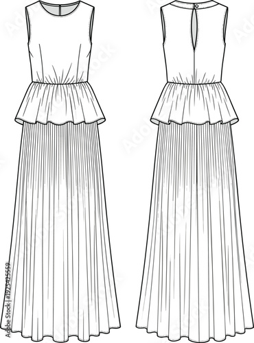 Sleeveless maxi dress illustration, peplum overlay detail, pleated skirt design, round neckline, keyhole back opening, technical fashion garment construction sketch