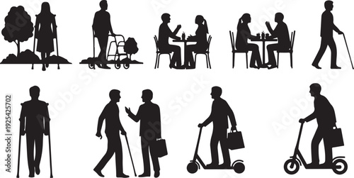 Silhouettes of people with mobility aids and scooters in various activities crutches