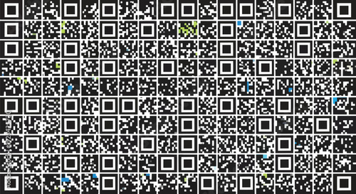 An intricate digital mosaic of numerous QR codes presented in a precise grid, showcasing modern data representation with subtle visual anomalies and