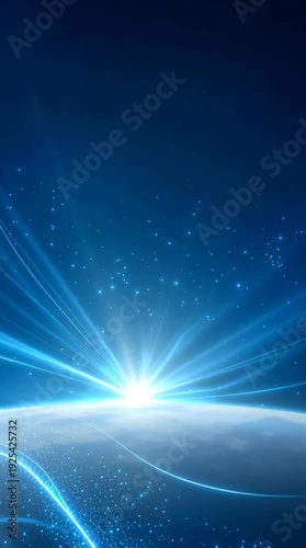 Digital illustration of a glowing sunrise over a curved planet surface in space
