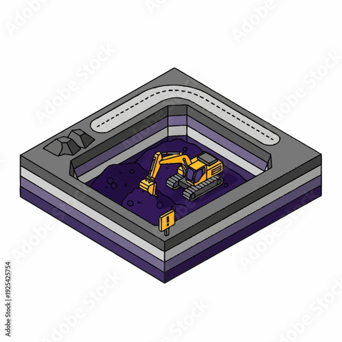 Yellow Excavator in 3D Model Construction Site.