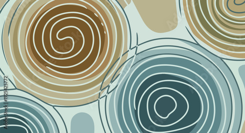 Harmonious abstract pattern showcasing a captivating fusion of earthy brown spirals and tranquil blue concentric circles creating an inviting visual
