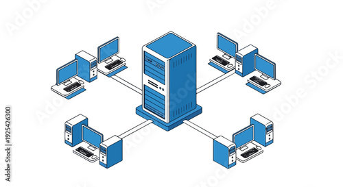 Isometric illustration of a central server connected to multiple desktop computers in a network setup, representing data sharing and connectivity.