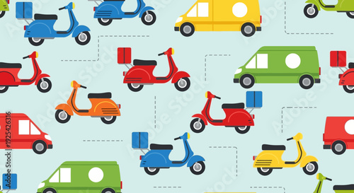 Colorful seamless pattern of delivery vehicles and scooters