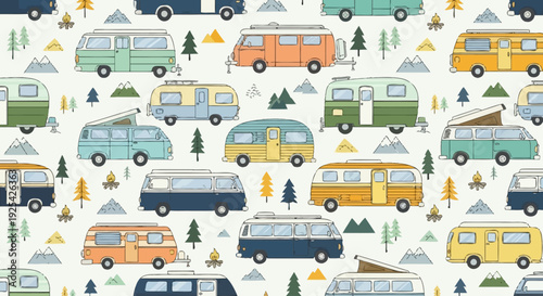 Seamless pattern of vintage camper vans and camping elements in the mountains