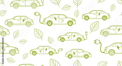 Seamless pattern with electric cars, charging plugs, and leaves for green energy themes.