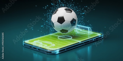 A soccer ball levitating above a smartphone displaying a virtual pitch