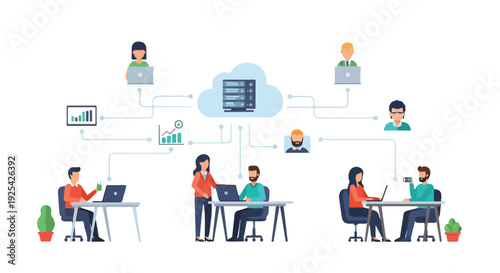 Global business network leveraging cloud computing for seamless remote team collaboration, data management, and efficient digital workflow.