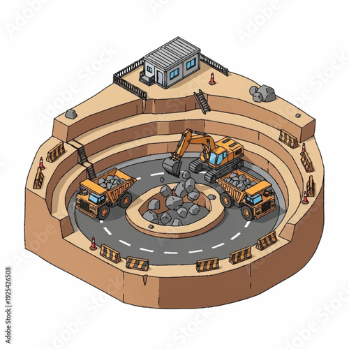 Isometric Illustration of Construction Site with Machines.