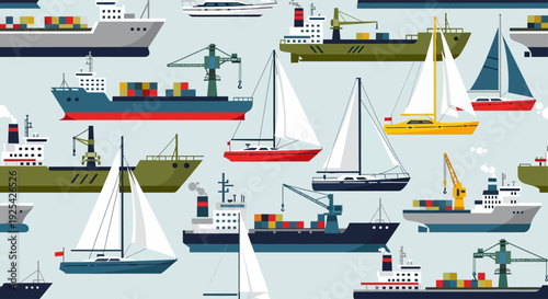 A colorful pattern of various cargo ships and sailboats.