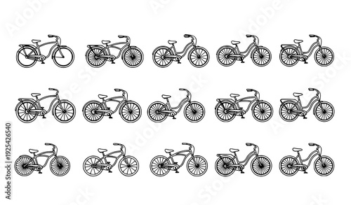 Cruiser Bike Line Art Vector Icon Set in Minimal Monoline Style Isolated on White Background