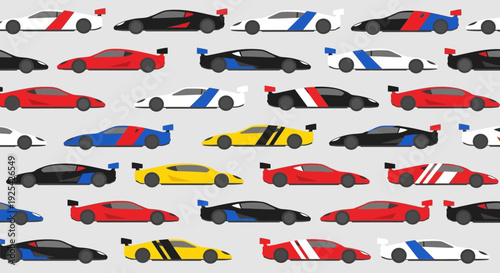 A colorful pattern of sleek sports cars with spoilers.