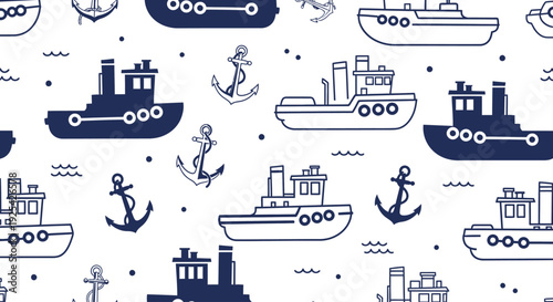 Seamless pattern of boats and anchors on white background