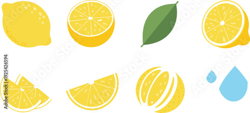 Flat minimalist lemon fruit set with slices leaf and water drops, citrus vector illustration isolated collection