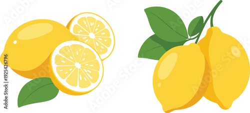 Fresh yellow lemons with slices and green leaves, juicy citrus fruit set, flat vector illustration isolated