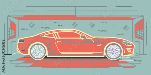 Vintage Style Graphic Illustration of a Red Sports Car in a Car Wash