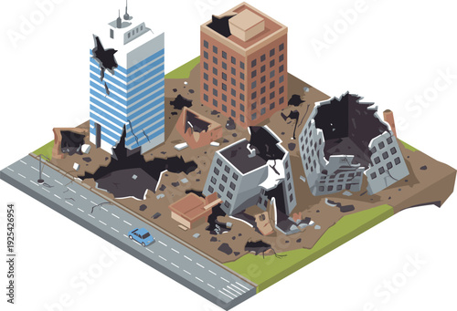 Isometric 3D earthquake damaged cityscape with collapsed buildings, cracked roads and debris, urban disaster destruction illustration