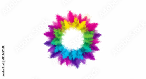 A colorful, abstract illustration of a Holi Day celebration with a circular design of rainbow-colored powder on a white background, symbolizing the festive tradition and cultural event.