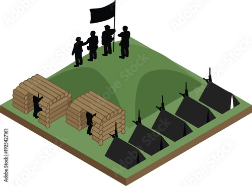 Isometric 3D military camp with soldier silhouettes, flag on hill, tents and log bunkers, flat vector illustration