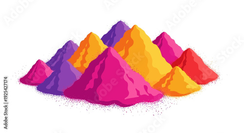 Colorful powder piles in shades of pink, purple, orange, and red on a white background, representing Holi festival colors and design elements.