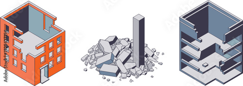 Isometric building construction and demolition process illustration, intact structure, rubble debris and cutaway interior, flat vector architectural design