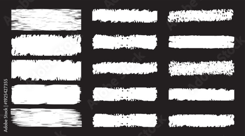 Set of hand painted chalk brushes. White grunge brush strokes. Vector chalk grunge hand drawn banners isolated on chalkboard bg. Paint roller, urban ink splash brushstrokes. Vector illustration,