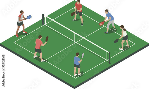 Isometric pickleball tournament match on green court, six players competing in paddle sport game, flat vector illustration
