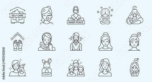 Collection of hand drawn icons representing various human emotions and states.