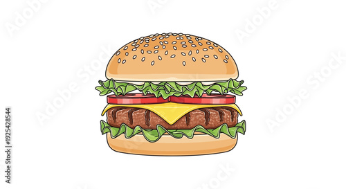 Delicious Burger with Cheese, Lettuce, Tomato, and Sesame Seed Bun - Isolated on White