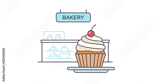 Delicious Cupcake with Cherry on Top at Bakery Counter