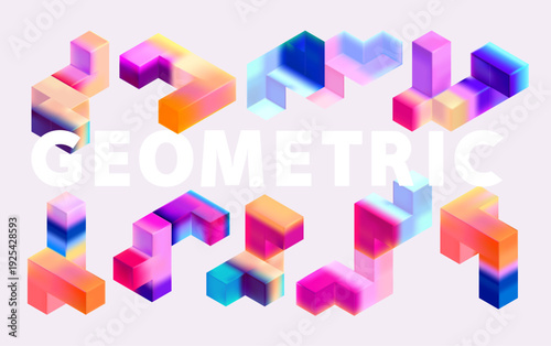Set of multicolor vector geometric shapes. Colorful 3D isometric cubes.