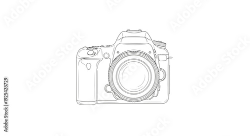 Digital Camera Outline Drawing, Professional Photography Equipment, Isolated on White Background