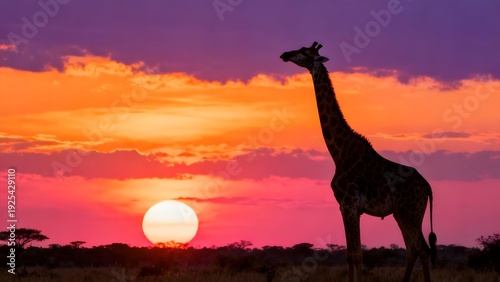Giraffe silhouette against a vibrant orange and purple African sunset