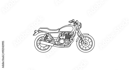 Classic Motorcycle Outline Drawing, Vintage Cafe Racer Style, Isolated on White
