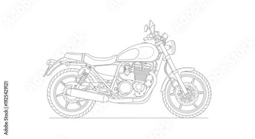 Classic Motorcycle Outline Drawing, Vintage Cafe Racer Style, Black and White Line Art