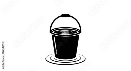 Black bucket filled with water, standing in a puddle, graphic illustration