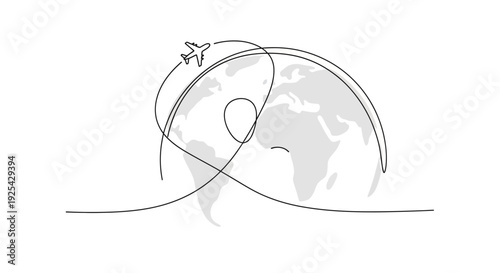 Airplane Flying Around Globe, World Travel, Continuous Line Art
