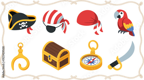 Pirate icon set with hat bandana parrot treasure chest compass hook and sword, flat vector illustration