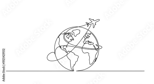 Airplane flying around the globe, continuous line drawing, travel concept