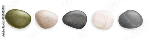 Smooth rocks and spa stones and pebbles for massage. Vector realistic style, minimalist zen garden and meditation. Japanese garden and art. Mineral material, natural cobbles or tiles shape