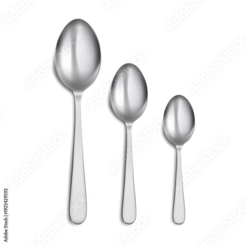 Serving spoons set for different types of food. Vector isolated realistic utensils for solid foods, vegetables or fried meals, serving soups, stews or sauces. Teaspoon and tablespoon kitchenware