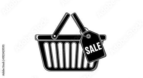 Black shopping basket with a sale tag attached, symbolizing discounts and promotions.