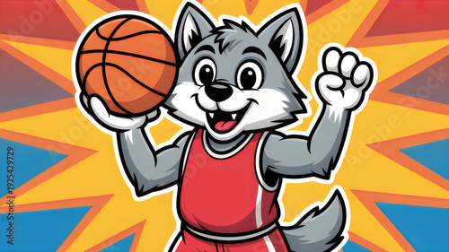 Cartoon wolf mascot holding basketball in red uniform