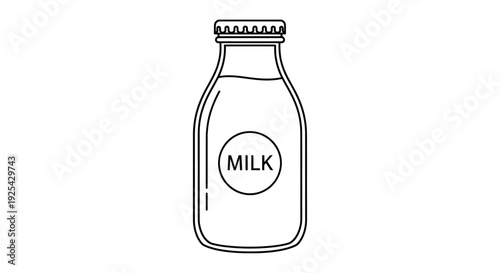 Vintage Milk Bottle Icon, Simple Line Art Drawing, Dairy Product Symbol