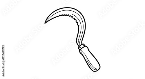 Vintage Sickle Tool, Handheld Agricultural Scythe with Serrated Blade and Wooden Handle, Isolated on White
