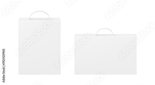 Carton boxes in rectangular shape with different handle positions, front view. Vector realistic carrier packages with holders for food service, bakery takeaway packs or promotional giveaways