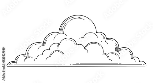 Stylized Sun Behind Cloud Illustration, Minimalist Line Art, Weather Symbol